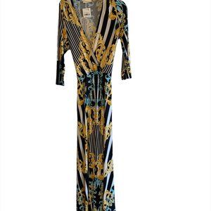 Blue and Gold Wrap Maxi Dress with Belt